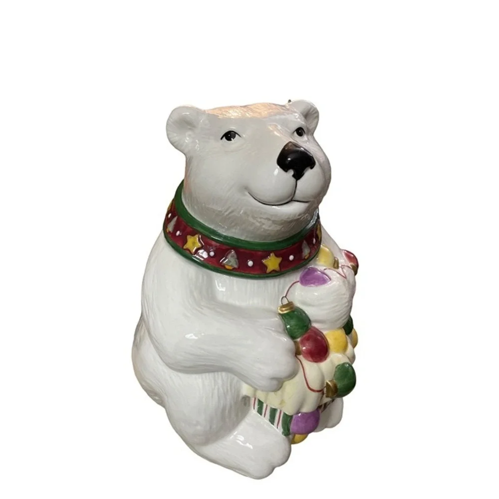 JCPenney Ceramic Polar‎ Bear Cookie Jar Christmas Lights Collar Lid